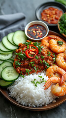 Malaysian Nasi Lemak with Halal Prawns, Delicious food style, Horizontal top view from above