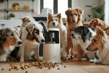 A group of mixed breed dogs surrounding a modern, automatic dog feeder that dispenses organic kibble, in a high-tech, smart home environment.