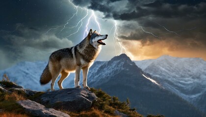 Dramatic mountain scene with a silhouetted wolf standing on a rocky peak, under a full moon with lightning - obrazy, fototapety, plakaty