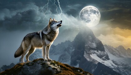 A lone wolf howls at the moonlit sky, silhouetted against a mountain peak illuminated by lightning