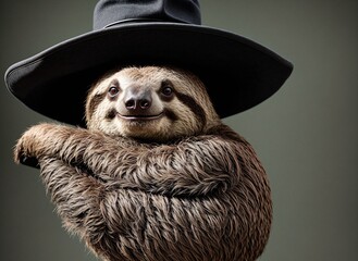 Fototapeta premium A sloth wearing a hat and standing on its hind legs.