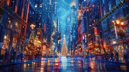 A magical holiday light display illuminating a city skyline, with towering buildings adorned with...