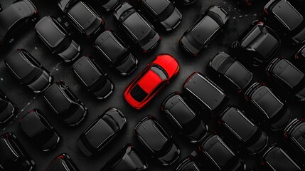 Top view a red car surrounded by group of black cars concept. AI generated image