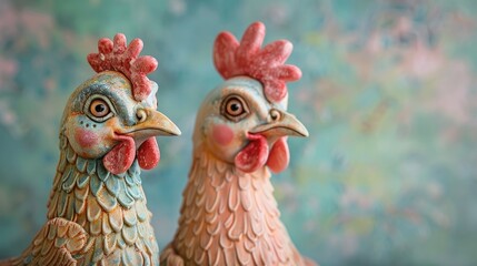 Playful Pair of Whimsical Hand Painted Ceramic Rooster Figurines on Pastel Background - obrazy, fototapety, plakaty