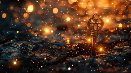 Illustration single gold skeleton key surrounded sparkling lights glitters. AI generated image - obrazy, fototapety, plakaty