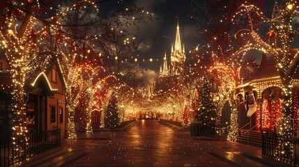 A magical holiday light display, with dazzling arrays of twinkling lights illuminating trees,...