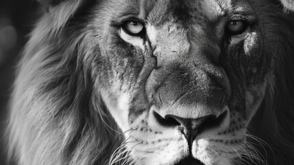 Lion face on monochrome color black and white Image on dark background. AI generated image
