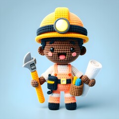 Obraz na płótnie Canvas Ai Generated Crochet doll a mining worker cute excited funny smiling wearing uniform and equipment, is standing, 3d render