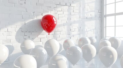 3d Rendering one red balloon floating other white balloons on white background. AI generated - obrazy, fototapety, plakaty
