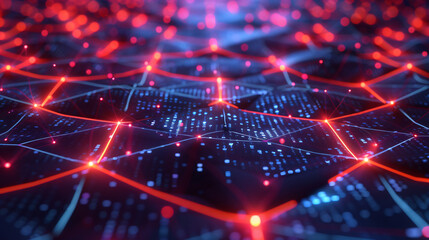 Abstract technology background with glowing red and blue dots connected by lines in the style of low poly. Big data, internet network connection structure concept. Abstract futuristic wallpaper