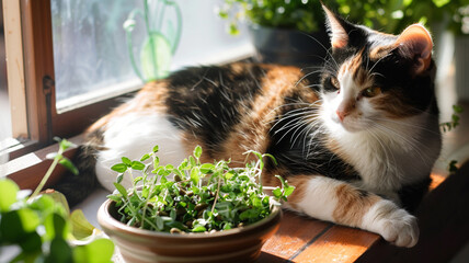 A vibrant Calico cat sprawled across a sunny window ledge, pausing mid-groom to glance at a nearby bowl filled with vibrant green cat-safe herbs and high-quality dry food. - Powered by Adobe