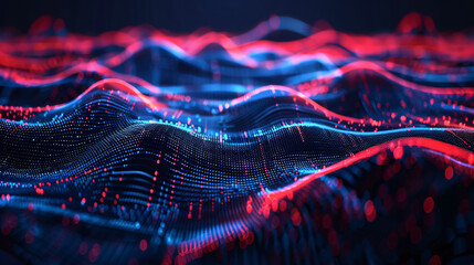 Abstract technology background with glowing red and blue dots connected by lines in the style of low poly. Big data, internet network connection structure concept. Abstract futuristic wallpaper