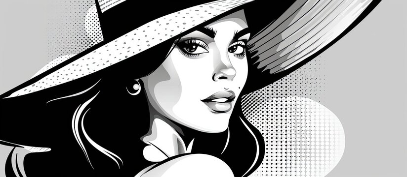 A blackandwhite drawing of a woman with a stylish fedora hat, a charming smile, and beautifully groomed eyebrows and eyelashes, showcasing her unique hairstyle and facial expression