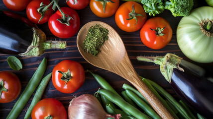 A widescreen view of a wooden spoon surrounded by an assortment of colorful, freshly picked vegetables like tomatoes, 
