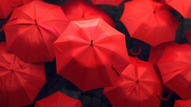 Group of many open red umbrellas on dark background. AI generated image