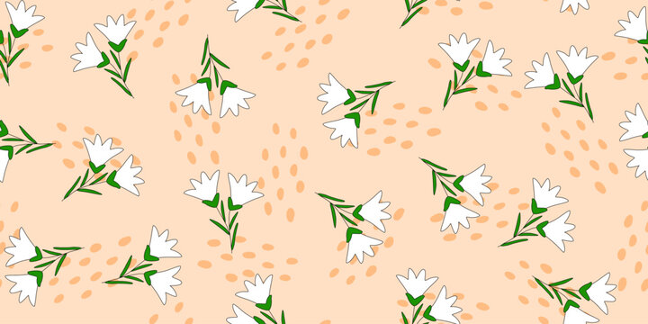 White bell flowers with green leaves on beige with abstract drops, seamless pattern vector