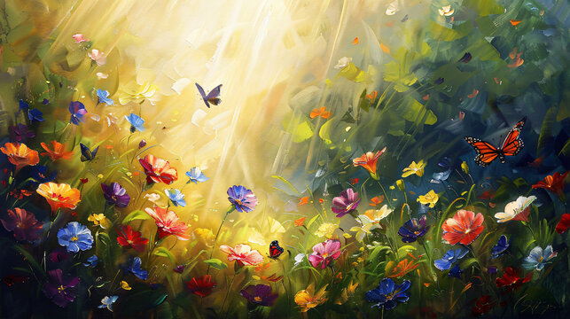 Beautiful colorful spring flowers, morning glory and butterflies in the field. Impressionist style oil painting illustration with bright colors and sun rays 