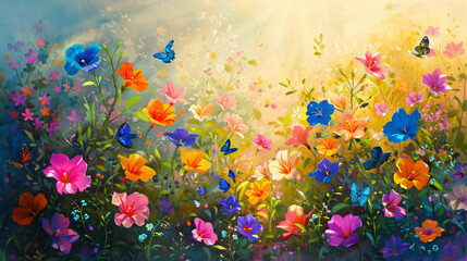 Beautiful colorful spring flowers, morning glory and butterflies in the field. Impressionist style oil painting illustration with bright colors and sun rays  - obrazy, fototapety, plakaty