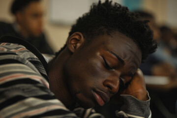 Depressed young African American student sitting in class
