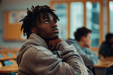 Depressed young African American student sitting in class