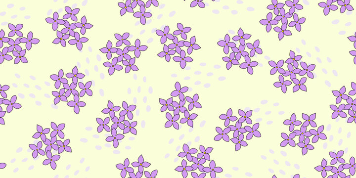 Seamless pattern with lilac, hydrangea or bluet flowers and abstract drops on yellow, vector