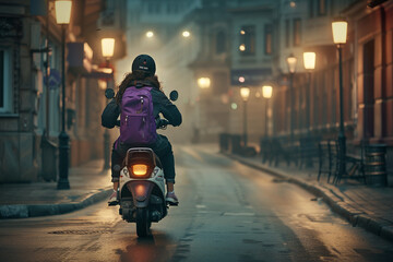 : In the early hours of the morning, a food delivery moto scooter driver with a deep purple backpack rides through a quiet, empty street, illuminated only by the soft glow of streetlights.