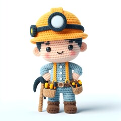 Obraz premium Ai Generated Crochet doll a mining worker cute excited funny smiling wearing uniform and equipment, is standing, 3d render