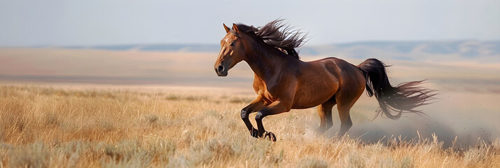 Splendid Display of Equine Agility and Speed: A Chestnut Horse Galloping On Open Fields - obrazy, fototapety, plakaty
