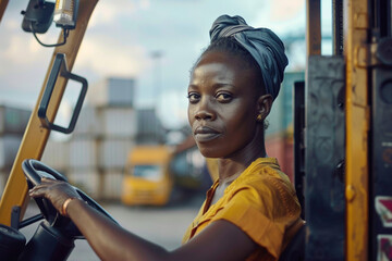 Forklift driver, black woman and logistics worker in industrial shipping yard, manufacturing industry and transport trade. Portrait of cargo female driving a vehicle showing gender equality at work