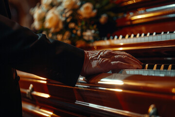 Funeral, man hands and holding coffin at a sad, death and church even of a person with casket. Support, health and worship help of a male at a religion, respect and mourning ceremony with a suit - obrazy, fototapety, plakaty
