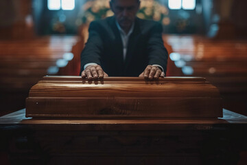 Funeral, man hands and holding coffin at a sad, death and church even of a person with casket. Support, health and worship help of a male at a religion, respect and mourning ceremony with a suit