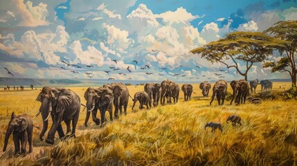 A magnificent herd of African elephants, traversing the vast plains of the Serengeti in a majestic procession, their trumpeting calls echoing across the savanna as they journey towards a distant water - obrazy, fototapety, plakaty