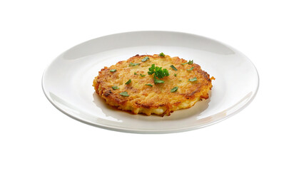 Potato pancake on white plate isolated on transparent background