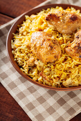 Chicken Biryani on Wooden Boards Close-up, Aromatic Pakistani and Middle Eastern Ramadan Dish