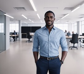 Fototapeta premium A man standing in an office with other people in the background.