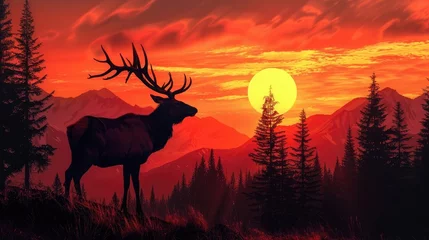 Fotobehang A majestic elk, its imposing antlers silhouetted against the fiery hues of a breathtaking sunset in the rugged wilderness. © Sardar