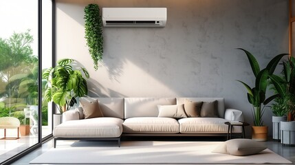 Modern living room with air conditioner and stylish furniture surrounded by lush houseplants - obrazy, fototapety, plakaty