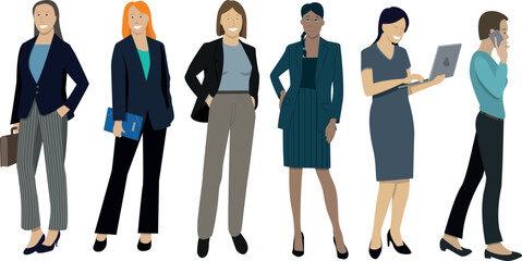 illustration vectorielle représentant des femmes d'affaires, au travail, au bureau tenant un téléphone, un ordinateur portable ou des dossiers - 778543827