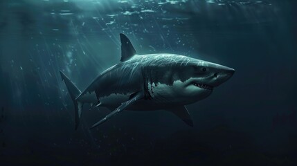 A majestic great white shark, gliding silently through the depths of the ocean with sleek and deadly grace. - obrazy, fototapety, plakaty