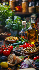 Fototapeta na wymiar Mediterranean Diet Visual, featuring olive oil, olives, whole grains, and plenty of fresh vegetables