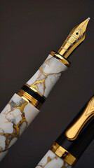 A marble gold fountain pen, where the cap and barrel showcase the unique gold veining of the marble. The pen is set against a dark background. 32k, full ultra HD, high resolution