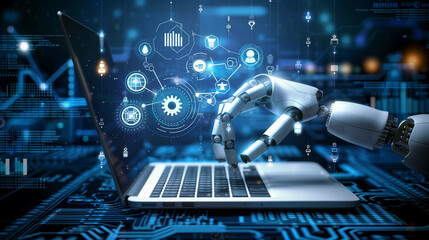 Title: "Digital Fusion"

Art Description: AI robot hand typing on laptop, digital data floating above, futuristic backdrop.