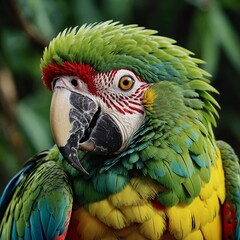 Fototapeta premium A close-up photo. Wild green macaw parrot, macaw parrot head, ararauna wild bird face, tropical exotic life.