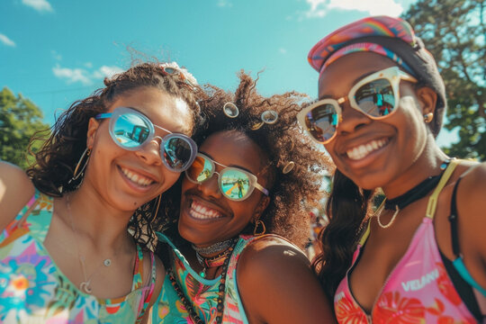 Women smile, in summer sunshine to go skate and have fun together as friends, at outdoor sport park or rink. Diversity under the sun, young, happy people with roller skates laughing at joke