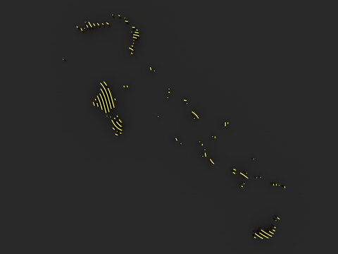 An abstract map of the Bahamas, consisting of thin golden lines. An abstract image for a geographical design template. an image for 3D rendering. Dark uniform background.