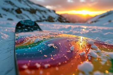 Fototapeta na wymiar Sunset over snowy mountains with vibrant snowboard