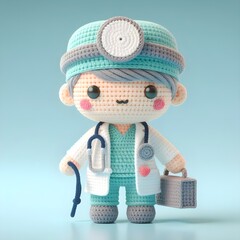 Ai Generated Crochet doll a doctor cute excited funny smiling wearing uniform and equipment, is standing, 3d render
