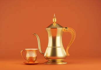 Dallah copper Arabic coffee with a cup, the concept of honoring the guest and good reception, ancient customs and traditions, serving hot drinks, quality of national local products, orange background
