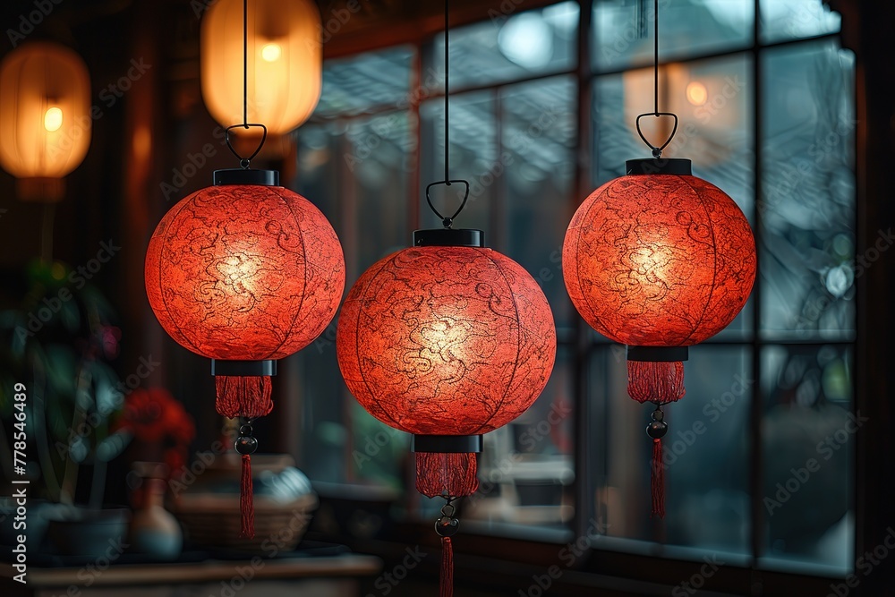 Poster three red lanterns hanging from a window. scene is warm and inviting. the lanterns are lit up, creat