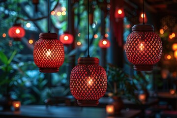 A restaurant with three red lanterns hanging from the ceiling